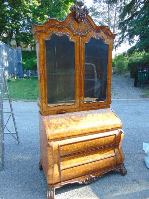 Dutch style inlaid secretary bookcase, extensive floral inlay & carved details (1 of 12)