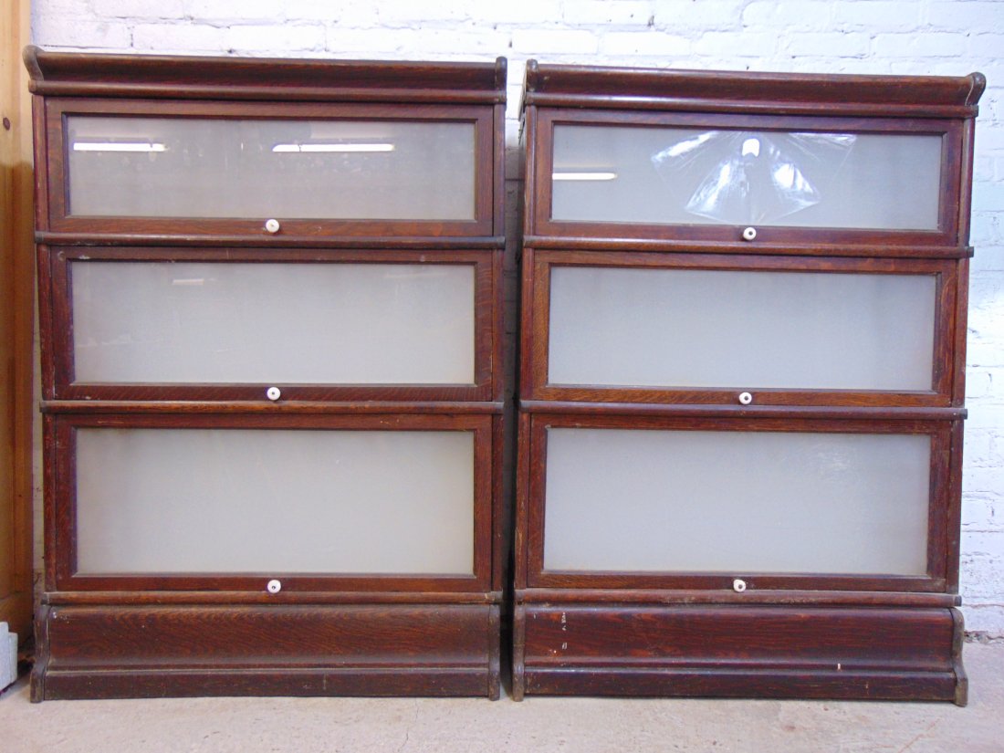 Pair of oak stack barrister bookcases, 3 stacks each plus bottom & top, each stack is 34" wide, 47.5 (1 of 8)