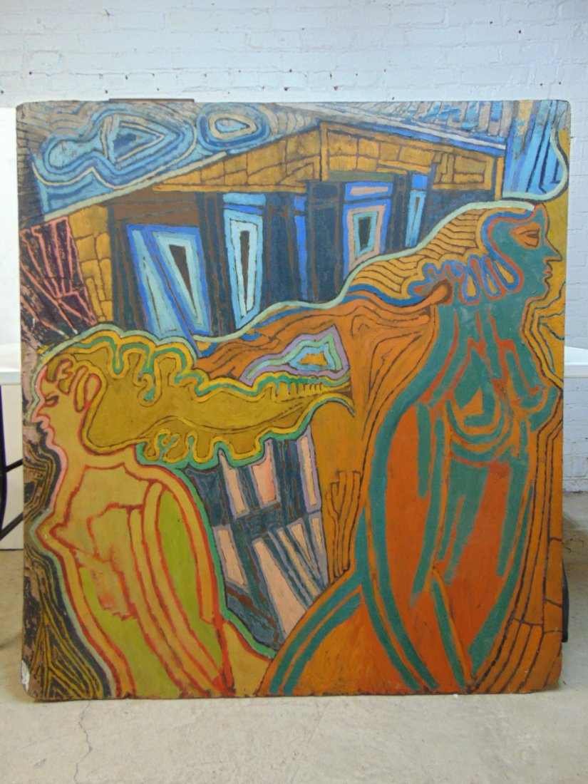 Painting, stylized figures, house, unsigned, oil on Masonite, psychedelic style, 52.5" by 48": Painting, stylized figures, house, unsigned, oil on Masonite, psychedelic style, 52.5" by 48"