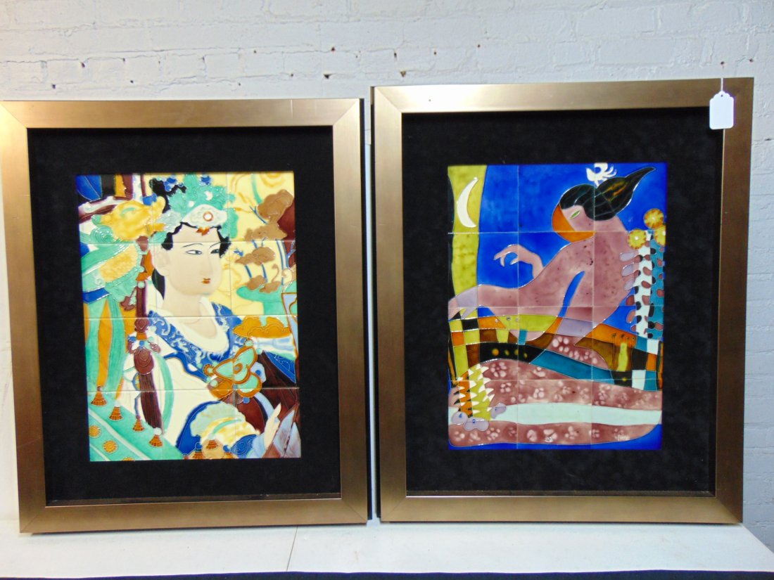 Pair of framed tile mosaic, figures, unsigned (1 of 6)