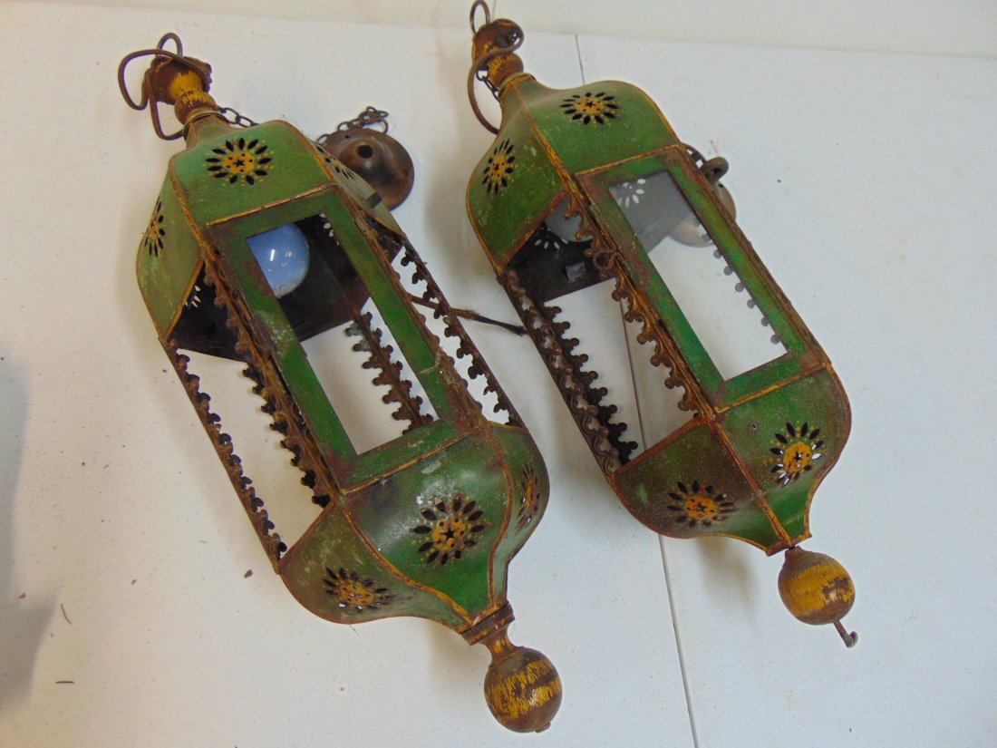 Pair paint decorated Venetian lanterns, painted tole, in green with floral pierced & painted decora (1 of 5)