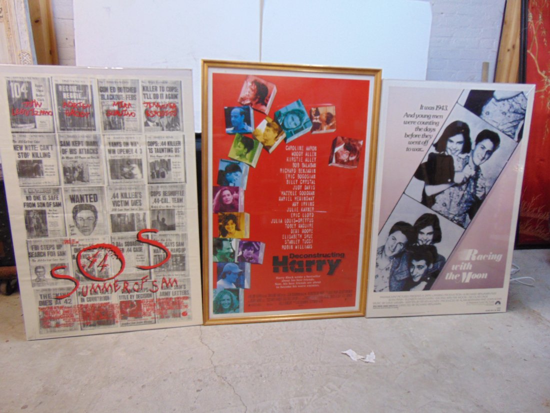 3 framed film posters, one signed by Woody Allen, "Summer of Sam", "Racing with the Moon" & "Deconst (1 of 8)