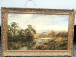 Oil, Landscape, sgd Robert Gallon: Oil on canvas in original condition (not relined), country road alongside lake, signed lower right, R. Gallon, 24" by 40"