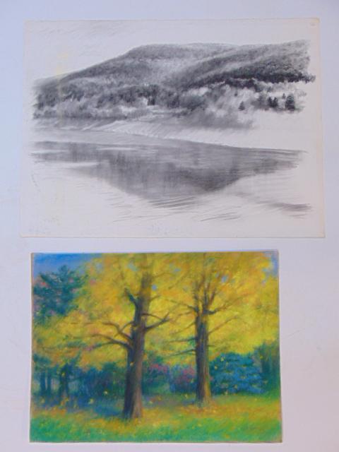 2 paintings, landscapes, by Americo DiFranza, trees in fall 18" by 24" & landscape in charcoal, 22": 2 paintings, landscapes, by Americo DiFranza, trees in fall 18" by 24" & landscape in charcoal, 22" by 30"