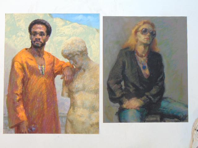 2 paintings, portraits, Americo DiFranza, 2 pastels, portrait of a man leaning on a classical: 2 paintings, portraits, Americo DiFranza, 2 pastels, portrait of a man leaning on a classical statue, 28" by 22" & portrait of a woman with sunglasses, 25" by 20"