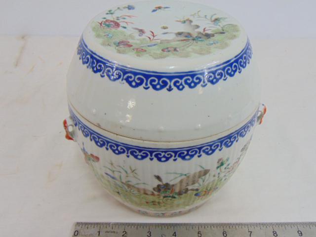 Chinese porcelain biscuit jar, decorated with butterflies, with side hoops, few small chips inner (1 of 5)