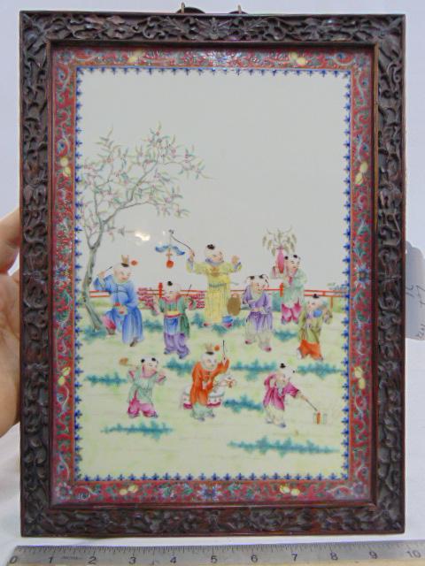 Chinese porcelain plaque in carved wood frame, children playing, 13.75" by 10.25" (total size), (1 of 8)