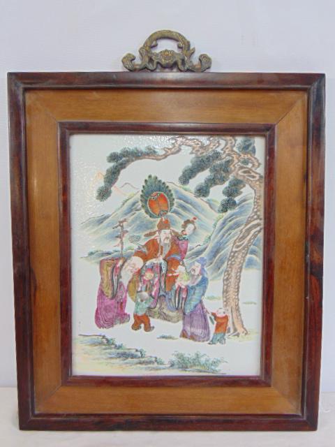 Chinese or Japanese porcelain plaque, various figures, wise man, children, unsigned, framed, 17.5" (1 of 6)