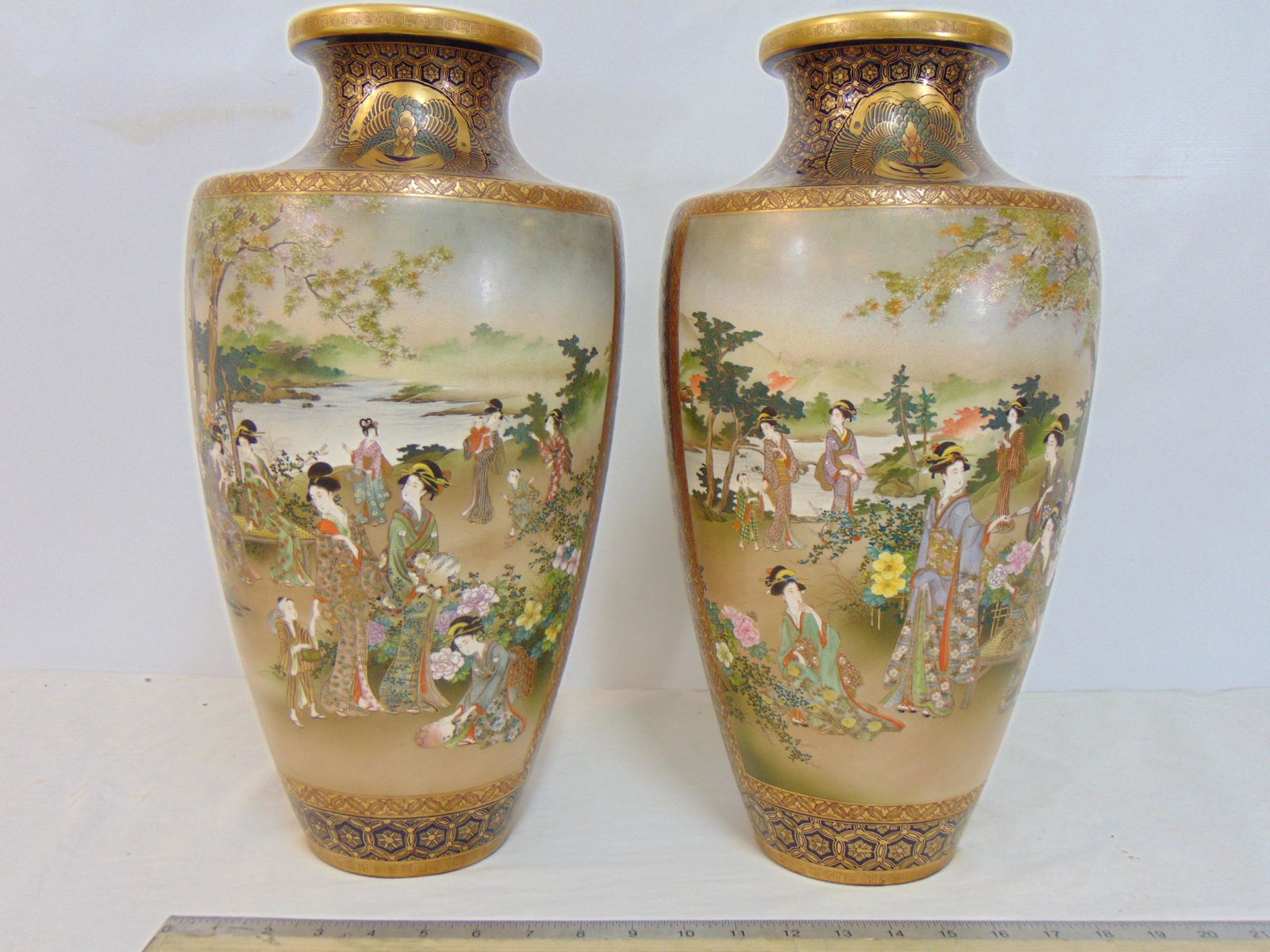 Pair large Satsuma vases, decorated with figures, landscapes, extensive gilt decoration, each vase (1 of 19)