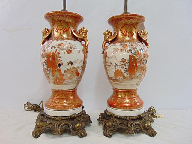 Pair Chinese urns, vases, lamped, with Spelter decorative bases, vases in orange with gilt, floral & (1 of 9)