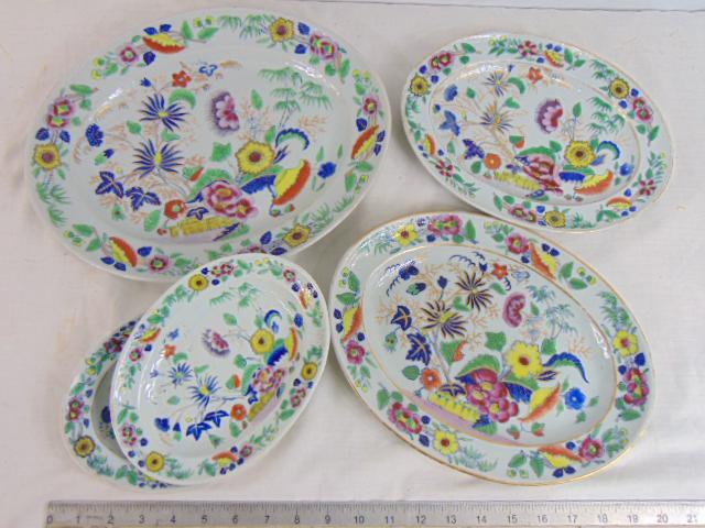 4 oval porcelain platters, Asian, floral decorated, pair 6" by 8", 3 singles, 10.25" by 7.5"; 11.25" (1 of 6)