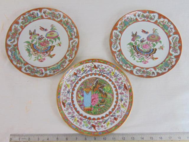 3 famille rose plates, Asian porcelain, decorated with butterflies, flowers, plates are 8 3/8", pair (1 of 7)