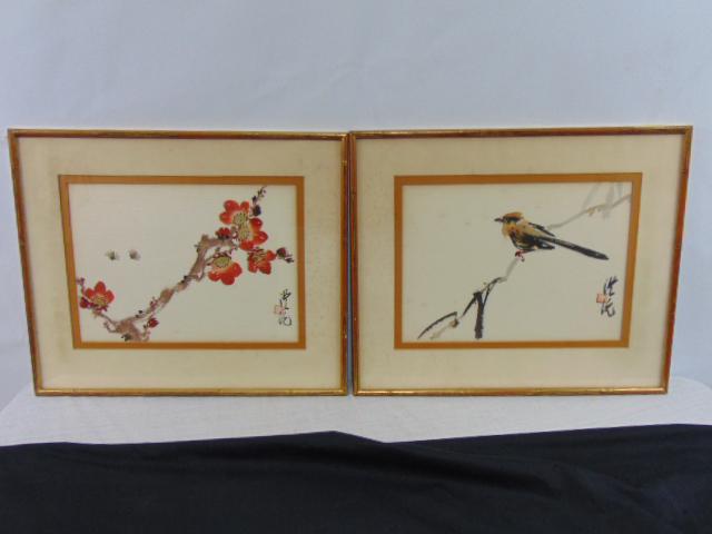 2 Chinese watercolors, bird on branch & blossoms, paintings are 10.5" by 14.75" (art only), signed. (1 of 7)