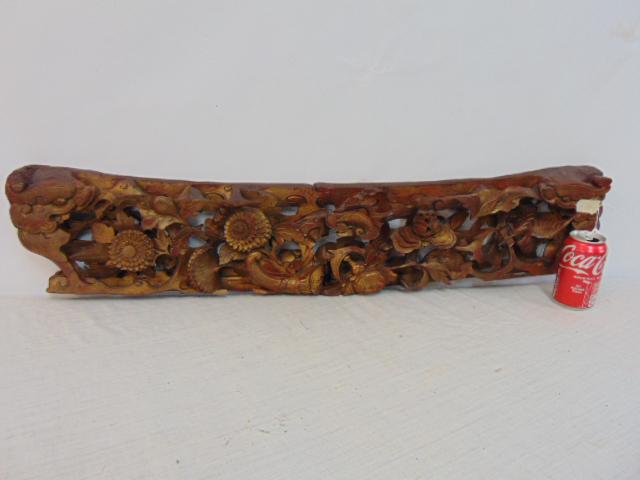 Chinese wood carving, gilt & red paint, flowers & birds, carving is 37" long, 7.5" wide. (1 of 7)