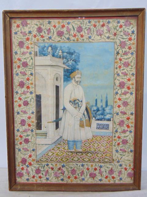 Indo Persian painting, figure on terrace, with floral border, unsigned, buckled, old water damage, (1 of 6)