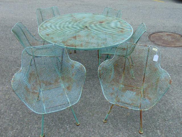 Woodard round table & 6 chairs, two arm & 4 side chairs, in old green paint, table is 53.5", height (1 of 8)