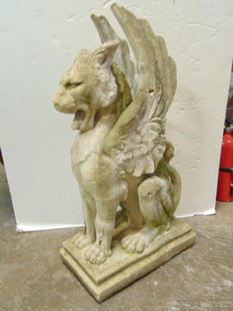 Cement winged griffin, statue is 33" tall, base is 18" by 10.25", some loss, chips. (1 of 6)