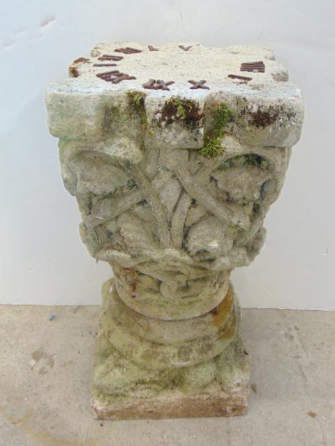 Cast stone sundial, with metal markings, 11.5" by 11.5", height is 23.5" (1 of 4)