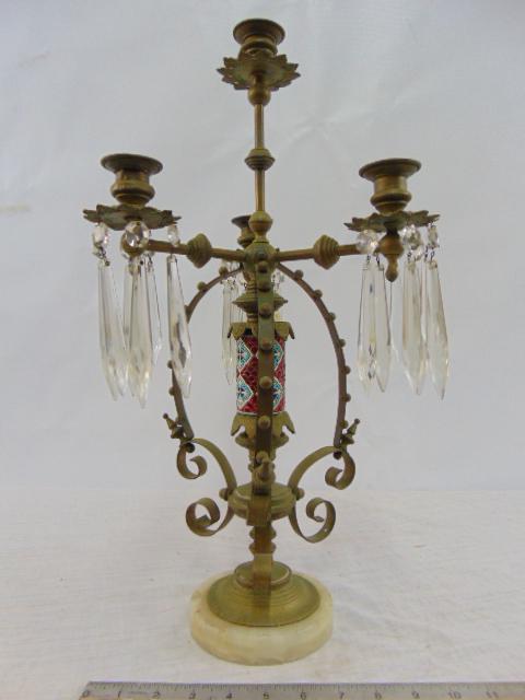 Aesthetic candelabra in brass with ceramic center column, marble base & hanging crystals, 3 arms, (1 of 5)