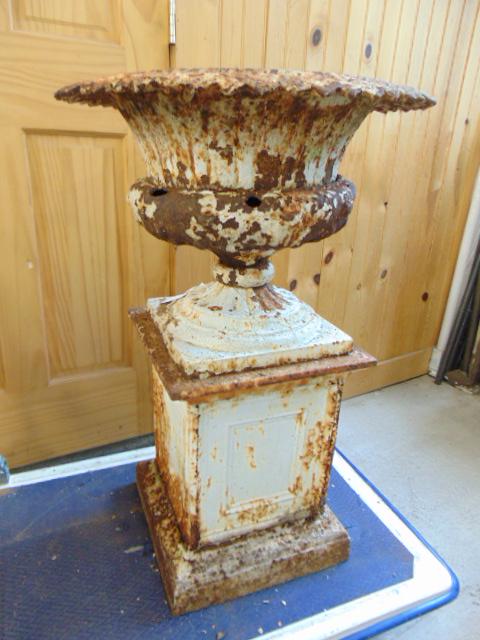 Cast iron Victorian garden urn, as found, rust, some cracks, height is 32", handles missing. (1 of 5)