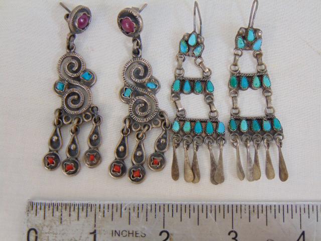 (2) Native American turquoise sterling earrings, three tier turquoise chandelier French hooks & a (1 of 5)