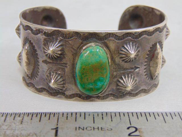 Native American Old Pawn Navajo Turquoise stamped cuff/bracelet, central stone greenish color 3/4" (1 of 6)
