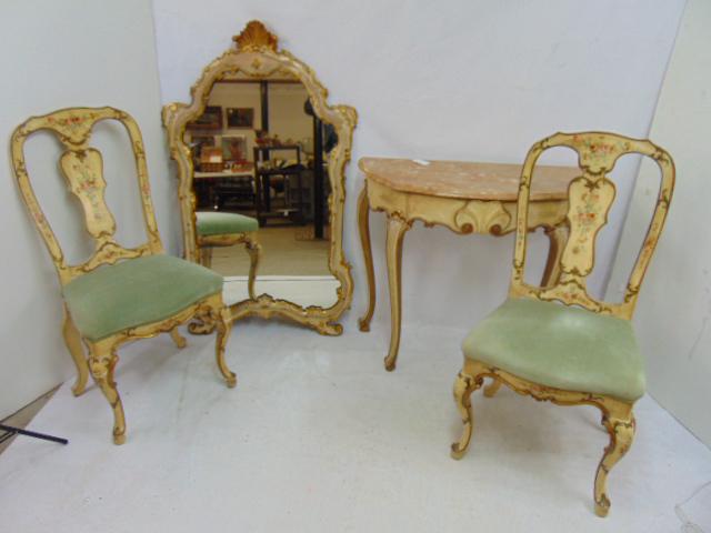 Pair paint decorated chairs, marble top console & mirror, paint decorated mirror with gilt detail, (1 of 8)