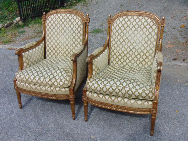 Pair gilt carved arm chairs, fine quality upholstery, carved detail on frame, chairs are 26" wide, (1 of 5)