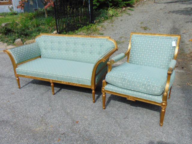 Gilt framed loveseat & armchair, matching upholstery, frames are different, loveseat is 65" long, (1 of 6)