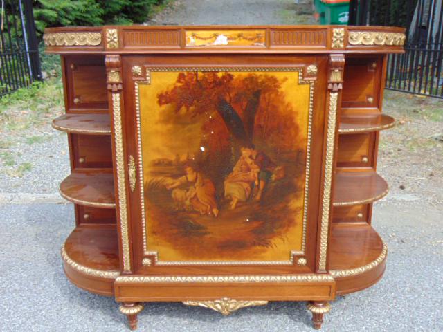 Mahogany cabinet, paint decorated center door with curved outer shelves, gold painted trim, small (1 of 5)