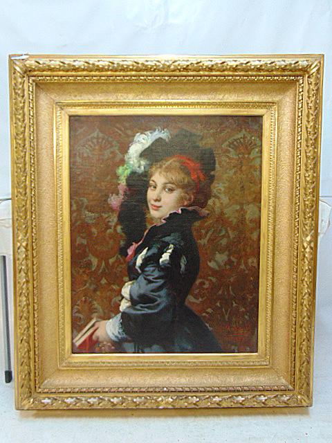 Painting, portrait elegant dressed girl, J. Machard, 1872, (Jules), oil on canvas, young lady in (1 of 8)