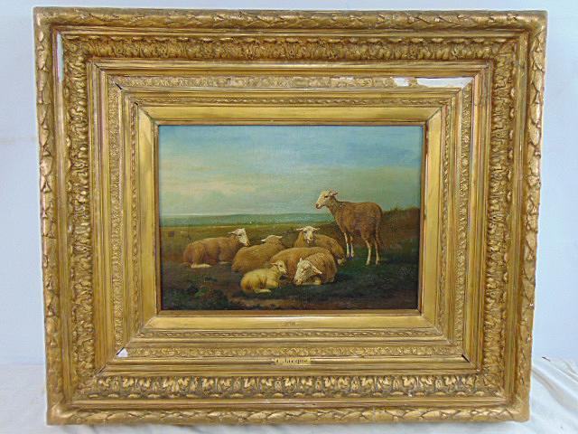 Painting, sheep in pasture, C. Jacque, oil on canvas, frame has some damage, canvas is 13.75" by (1 of 8)