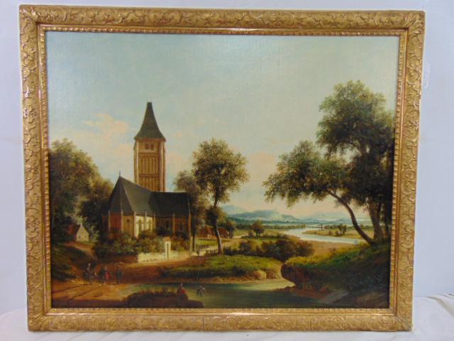 Painting, landscape with church, signed G. Sosielle (? see images), oil on canvas showing a church (1 of 7)