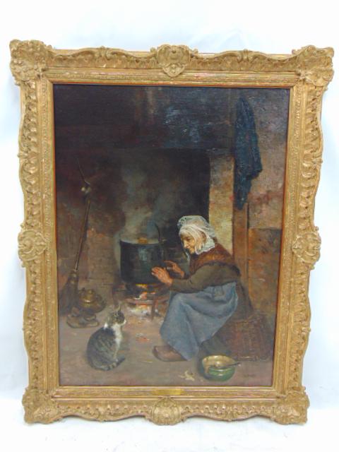 Painting, woman by fireplace, J. Israels (also signed Fred Hall, copy ??), oil on canvas, older (1 of 9)