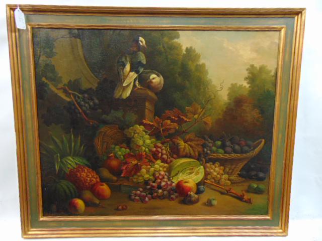 Painting, still life with fruit, birds signed F.L. Martin, oil on canvas, 30.5" by 37.25" (1 of 8)