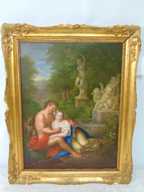 Painting, courting scene in garden, Daniel Kottulla written on label, oil on panel, Bohemian, man & (1 of 6)