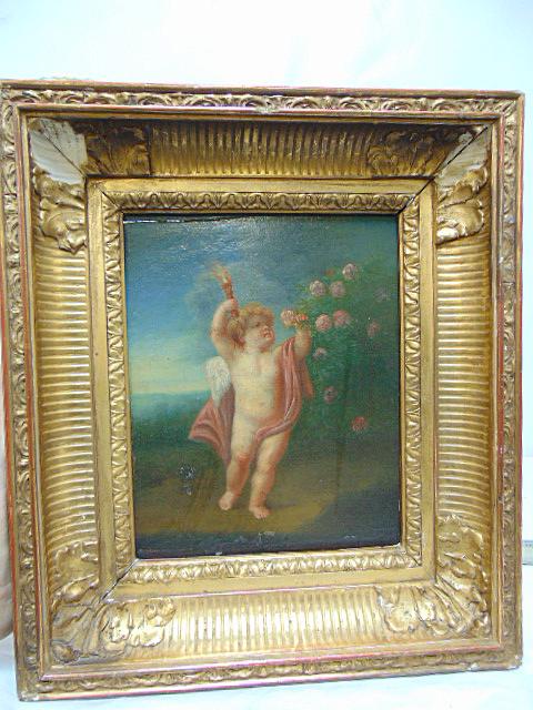 Painting, putti holding torch picking flowers, unsigned, oil on wood panel, early, panel is 9" by (1 of 6)