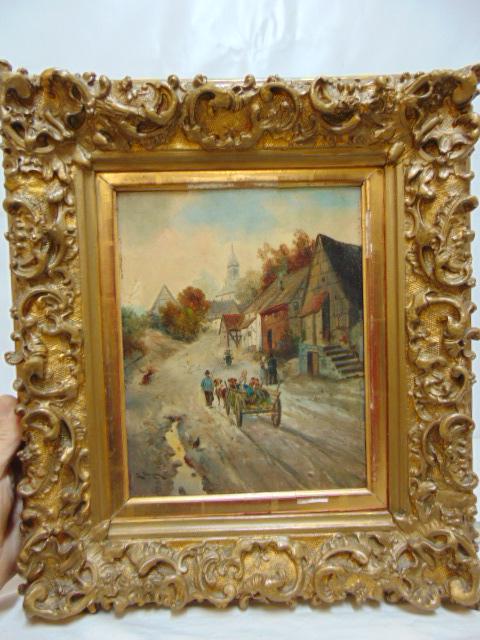 Painting, figures in horse drawn wagon, by L. Burger, German village scene with horse drawn wagon,: Painting, figures in horse drawn wagon, by L. Burger, German village scene with horse drawn wagon, gilt framed, oil on wood panel, 10.25" by 8.25"