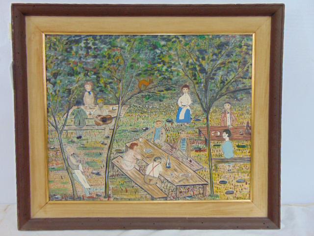 Painting, picnic scene, by G. Kraus, oil on canvas board, folksy scene with various figures by (1 of 7)