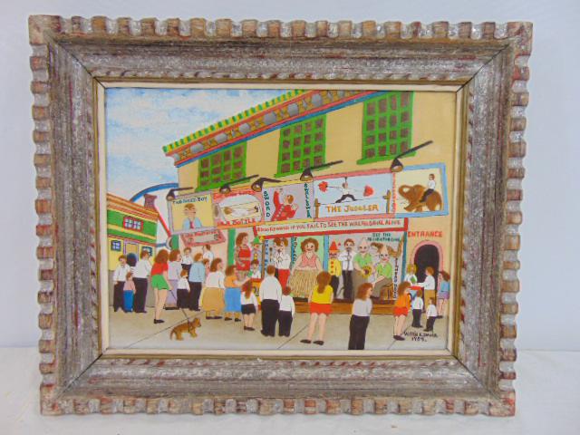 Painting, carnival scene, Vestie E. Davis, 1959, oil on canvas showing people in front of fun house, (1 of 6)