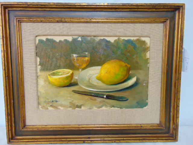 Painting, still life with lemons, signed Karel Hu..?, oil on board, 8.25" by 12.75": Painting, still life with lemons, signed Karel Hu..?, oil on board, 8.25" by 12.75"