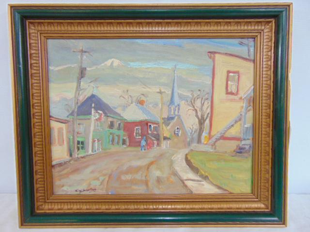 Painting, Street scene, K.W. Burton, oil on panel, Canadian artist, additional info written on back, (1 of 6)