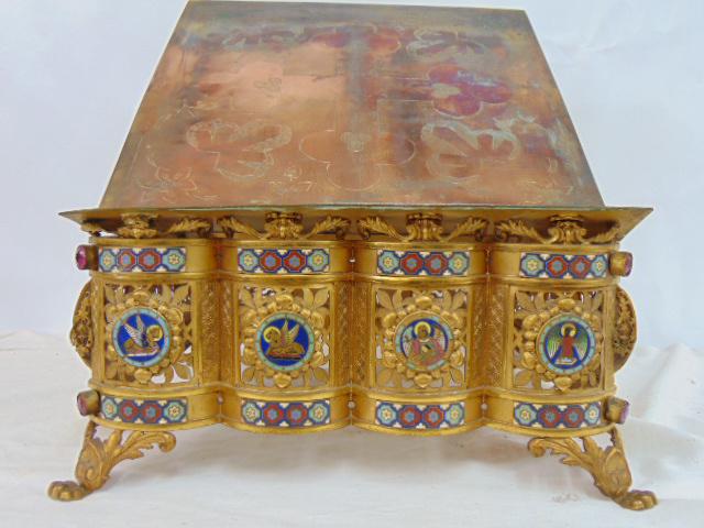 Gilt brass cloisonne bible stand, early 20th Century with pierced apron, various glass stones inset (1 of 10)