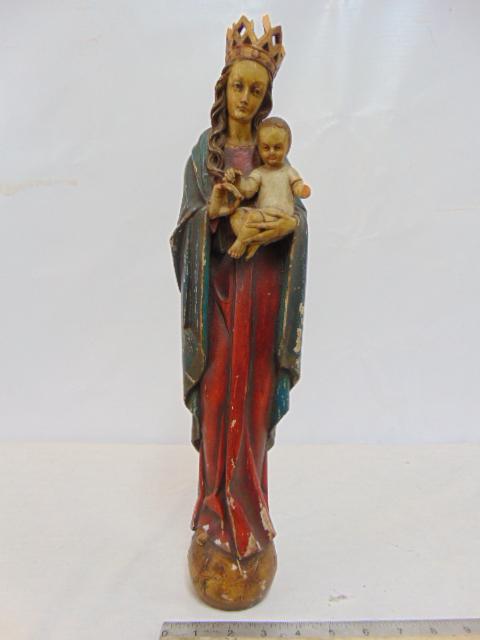 Vintage polychrome carving of Madonna & child, Madonna wearing a crown, signed Alois Lang, dated (1 of 7)