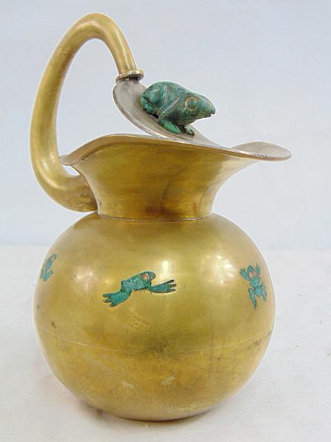 Los Castillo bronze pitcher with frog figure resting on spout and inlaid ceramic malachite figures (1 of 8)