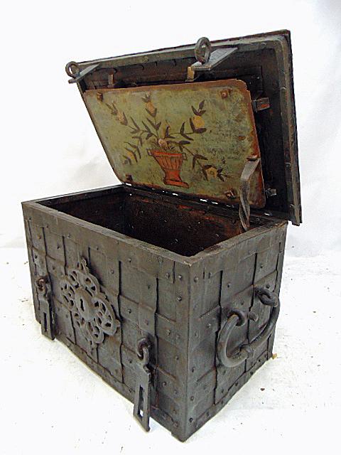 Iron strongbox with key, has paint decorated interior lock shield, box is 26.5" by 17", height is (1 of 9)