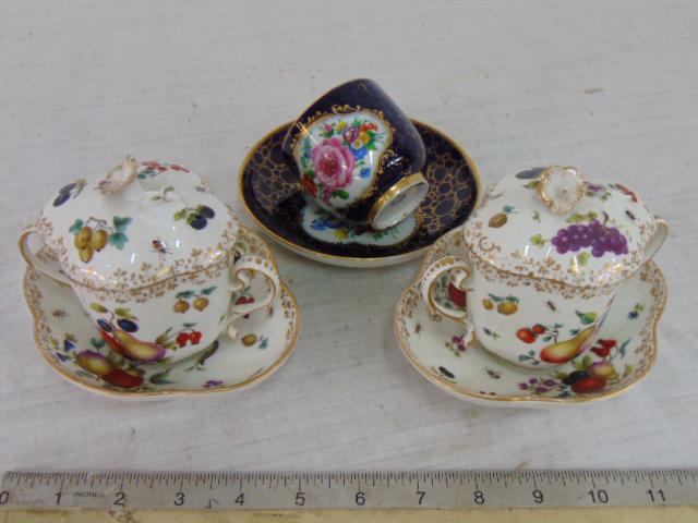 Pair lidded Sevres cup & saucers & Meissen cup & saucer, Meissen cup & saucer floral decorated with (1 of 9)
