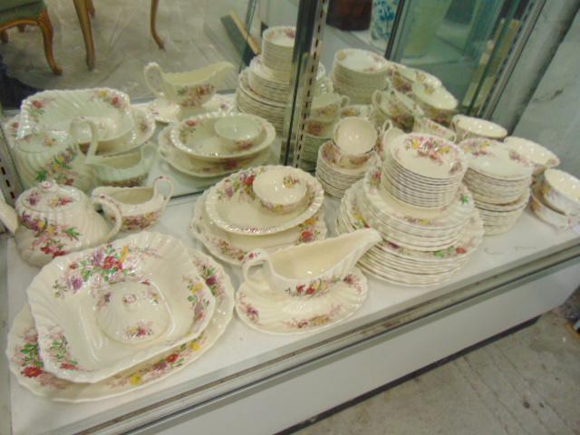 Spode dinnerware set, floral decorated, includes 10 dinner plates, 10 salad plates, 12 bread plates, (1 of 7)