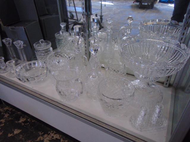 Large lot Waterford & other cut crystal, includes punch bowl on base, bowls, decanters, candle (1 of 8)