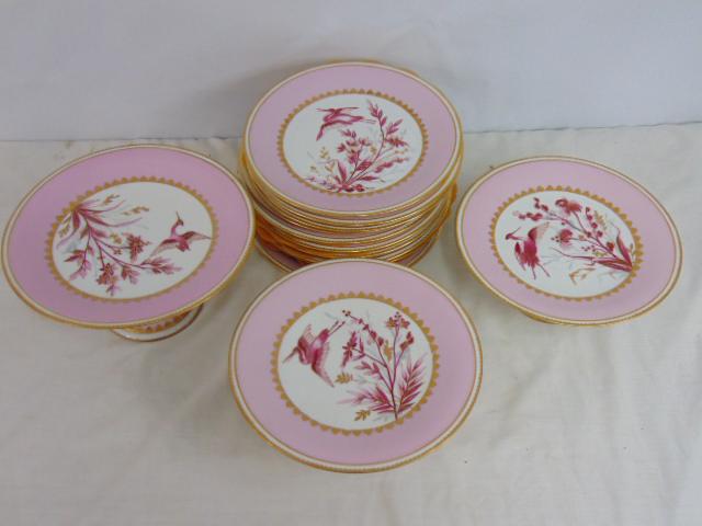 Lot Paris porcelain, in pink with bird decoration, includes 3 tazza bowls & set of 11 9" plates, (1 of 6)